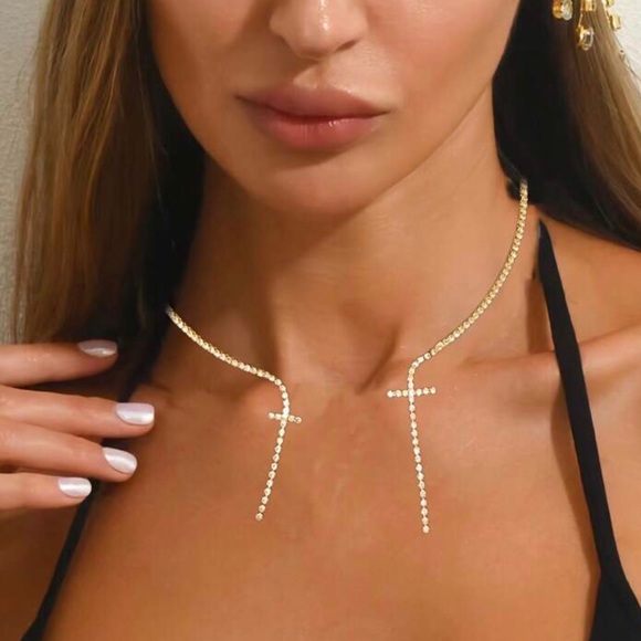 New Dual Cross Rhinestone Open Cuff Choker Collar Necklace - Picture 11 of 13